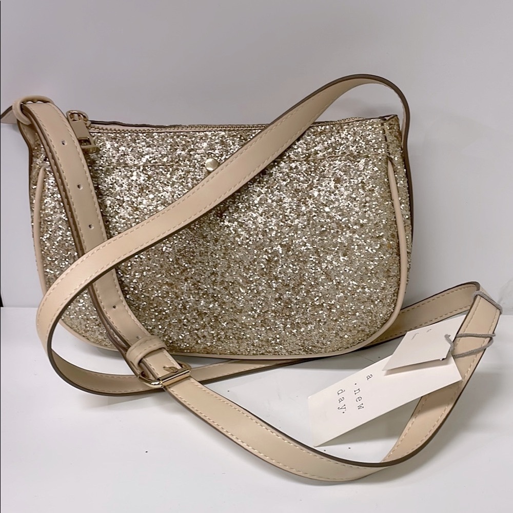 Tan and Gold Glitter Crescent Crossbody Bag